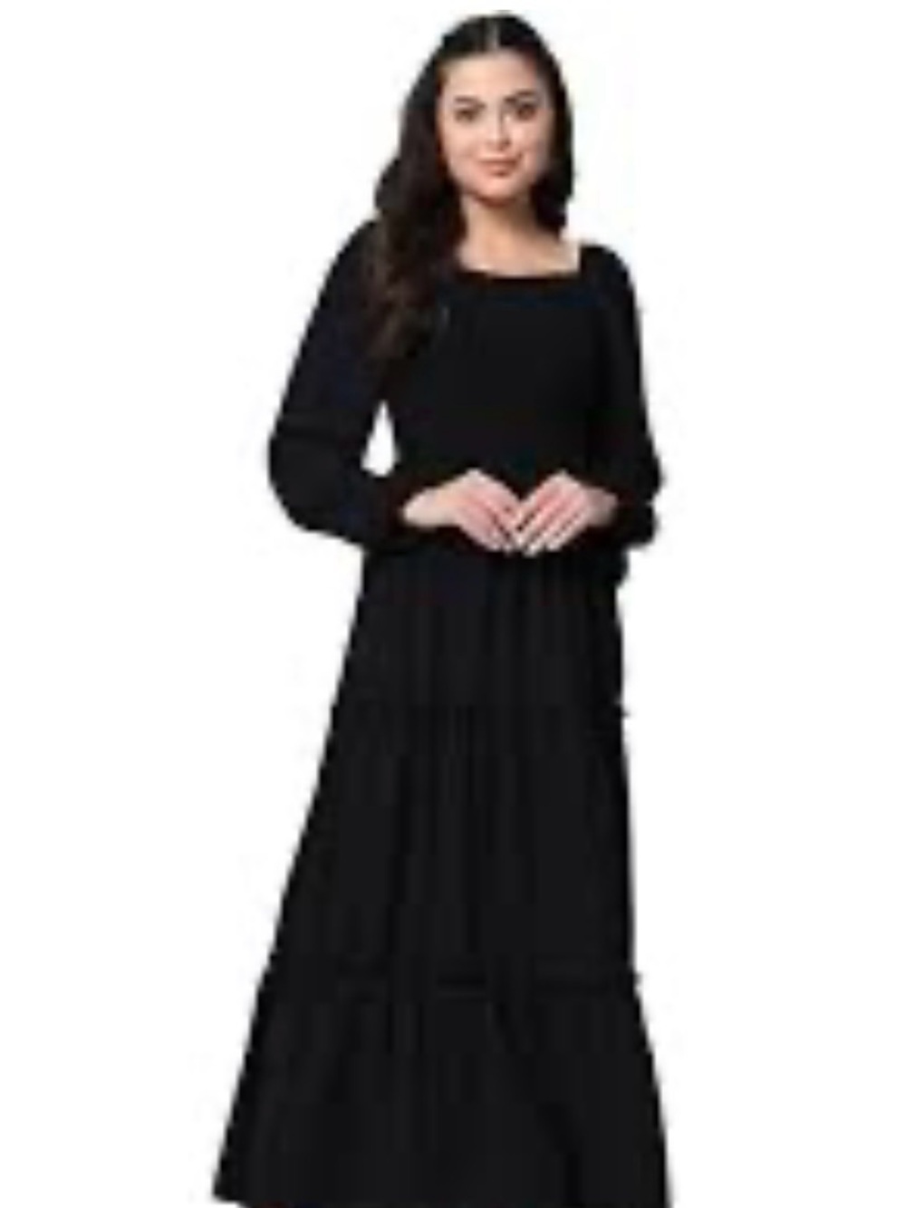 Elegant Black Square-Neck Long Sleeve Maxi Dress